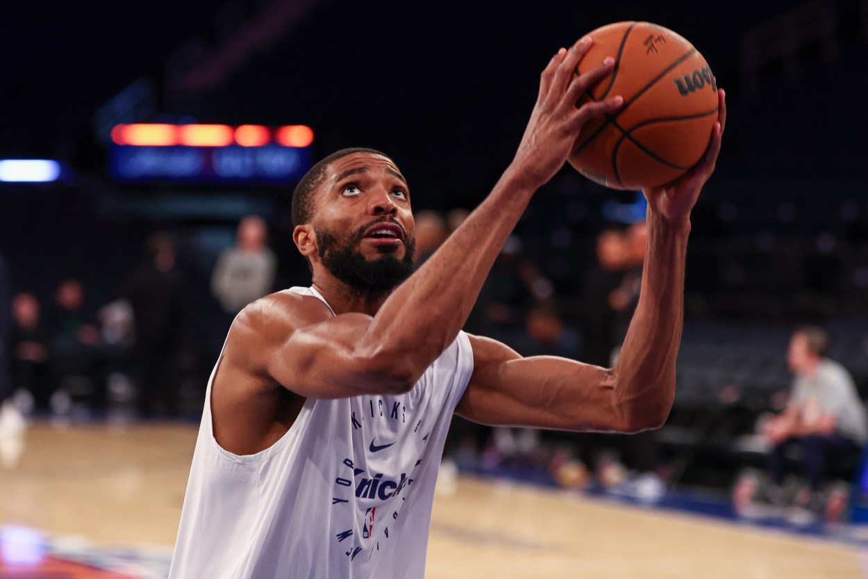 Oct 13, 2024; New York, New York, USA; New York Knicks forward Mikal Bridges (25) warms up before the game against the Minnesota Timberwolves at Madison Square Garden. Mandatory Credit: Vincent Carchietta-Imagn Images