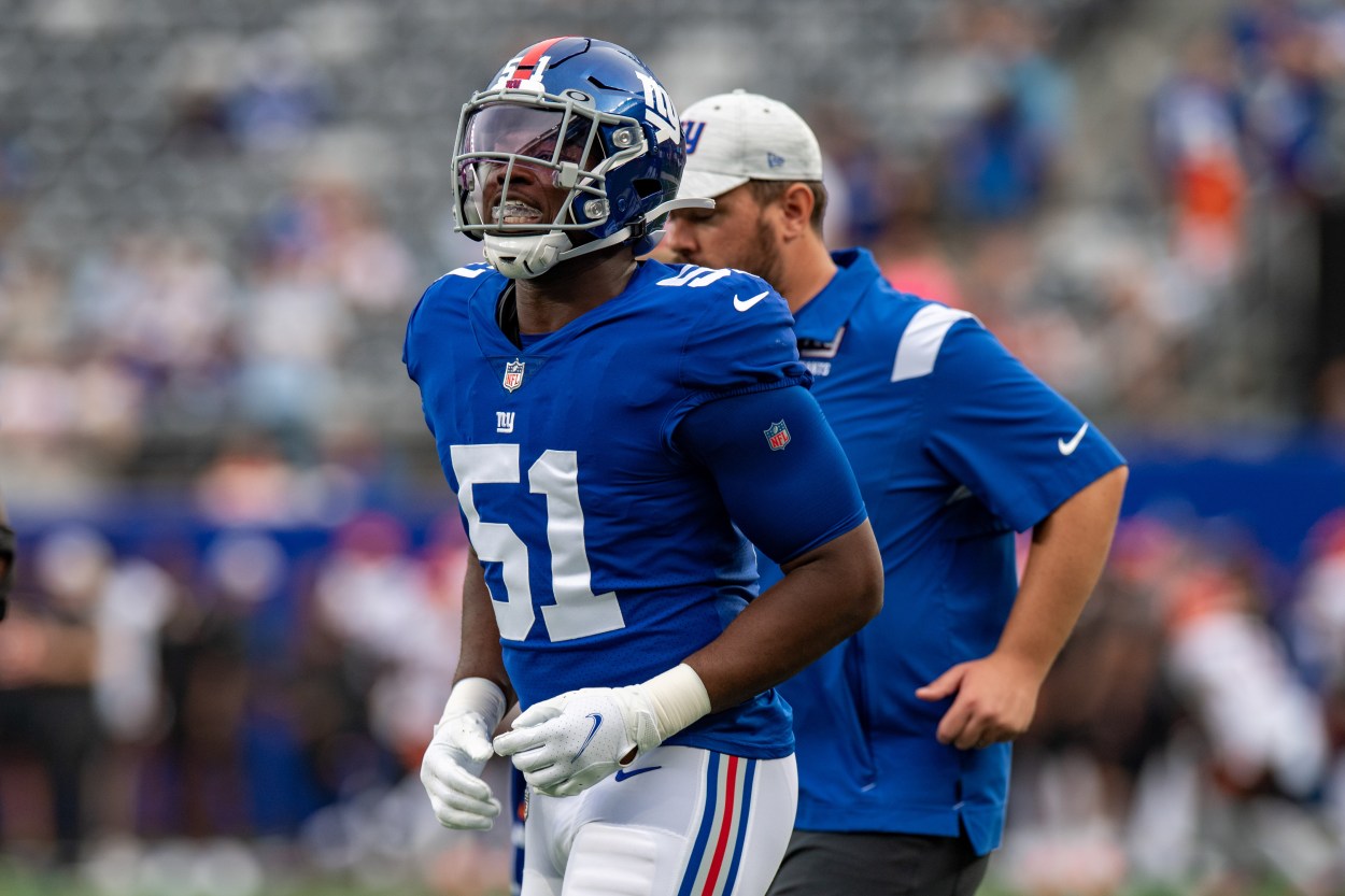 Aug 21, 2022; East Rutherford, New Jersey, USA; New York Giants linebacker Azeez Ojulari (51) warms up prior to the preseason game against the Cincinnati Bengals at MetLife Stadium. Mandatory Credit: John Jones-Imagn Images