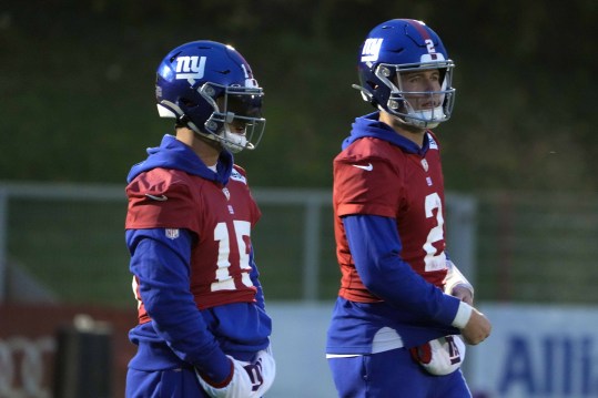 Nov 8, 2024; Munich, Germany; New York Giants quarterbacks Drew Lock (2) and Tommy DeVito (15) during practice at the FC Bayern Munchen training grounds at Sabener Strasse.  Mandatory Credit: Kirby Lee-Imagn Images