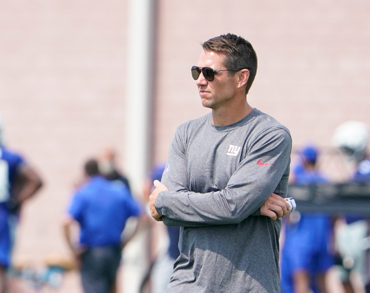 New York Giants general manager Joe Schoen looks on during day two of training camp at the Quest Diagnostics Training Facility