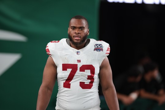 Aug 24, 2024; East Rutherford, New Jersey, USA; New York Giants offensive tackle Evan Neal (73) after the game at MetLife Stadium. Mandatory Credit: Vincent Carchietta-Imagn Images