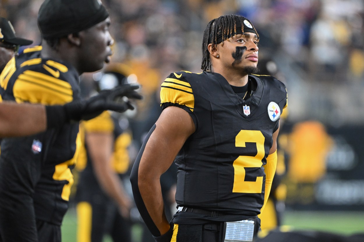 Oct 28, 2024; Pittsburgh, Pennsylvania, USA; Pittsburgh Steelers quarterback Justin Fields (2) watches the action during the first quarter of a game against the New York Giants at Acrisure Stadium. Mandatory Credit: Barry Reeger-Imagn Images