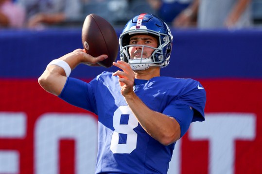 Aug 26, 2023; East Rutherford, New Jersey, USA; New York Giants quarterback Daniel Jones (8) during pregame warmups for their game against the New York Jets at MetLife Stadium. Mandatory Credit: Ed Mulholland-Imagn Images