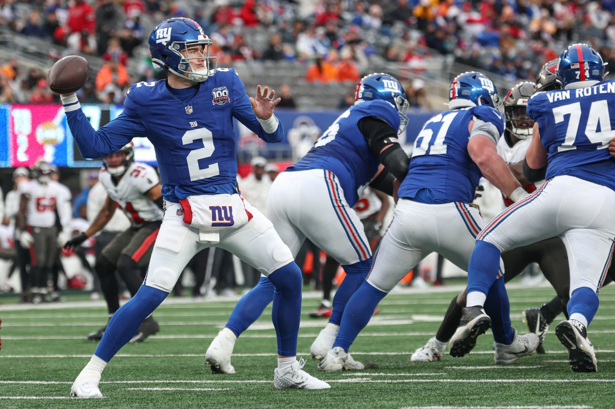 Nov 24, 2024; East Rutherford, New Jersey, USA; New York Giants quarterback Drew Lock (2) throws a pass during the second half against the Tampa Bay Buccaneers at MetLife Stadium. Mandatory Credit: Vincent Carchietta-Imagn Images