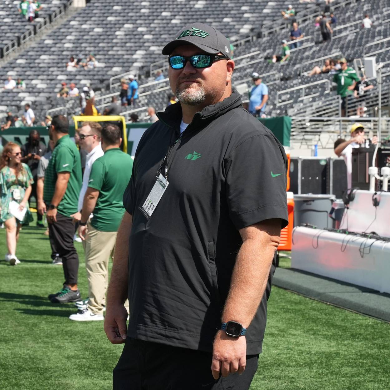 East Rutherford, NJ -- August 10, 2024 -- Jets general manager Joe Douglas during pregame warm-ups as the Washington Commanders came to MetLife Stadium to play the New York Jets in the first preseason game of the 2024 season.