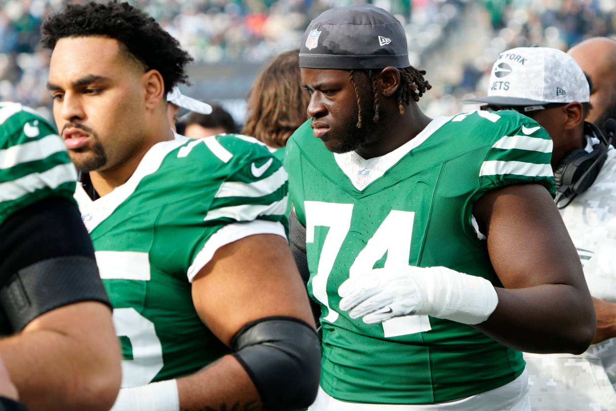 New York Jets offensive tackle Olu Fashanu (74) and his Gang Green teammates are shown just before their game with the Colts, Sunday, November 17, 2024.