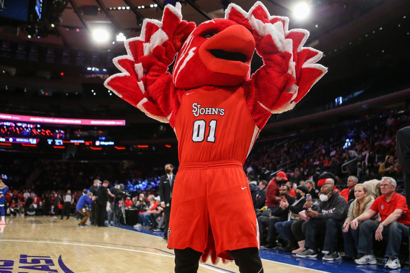 Jan 22, 2022; New York, New York, USA; The St. John’s Red Storm mascot Johnny Thunderbird at Madison Square Garden. Mandatory Credit: Wendell Cruz-Imagn Images