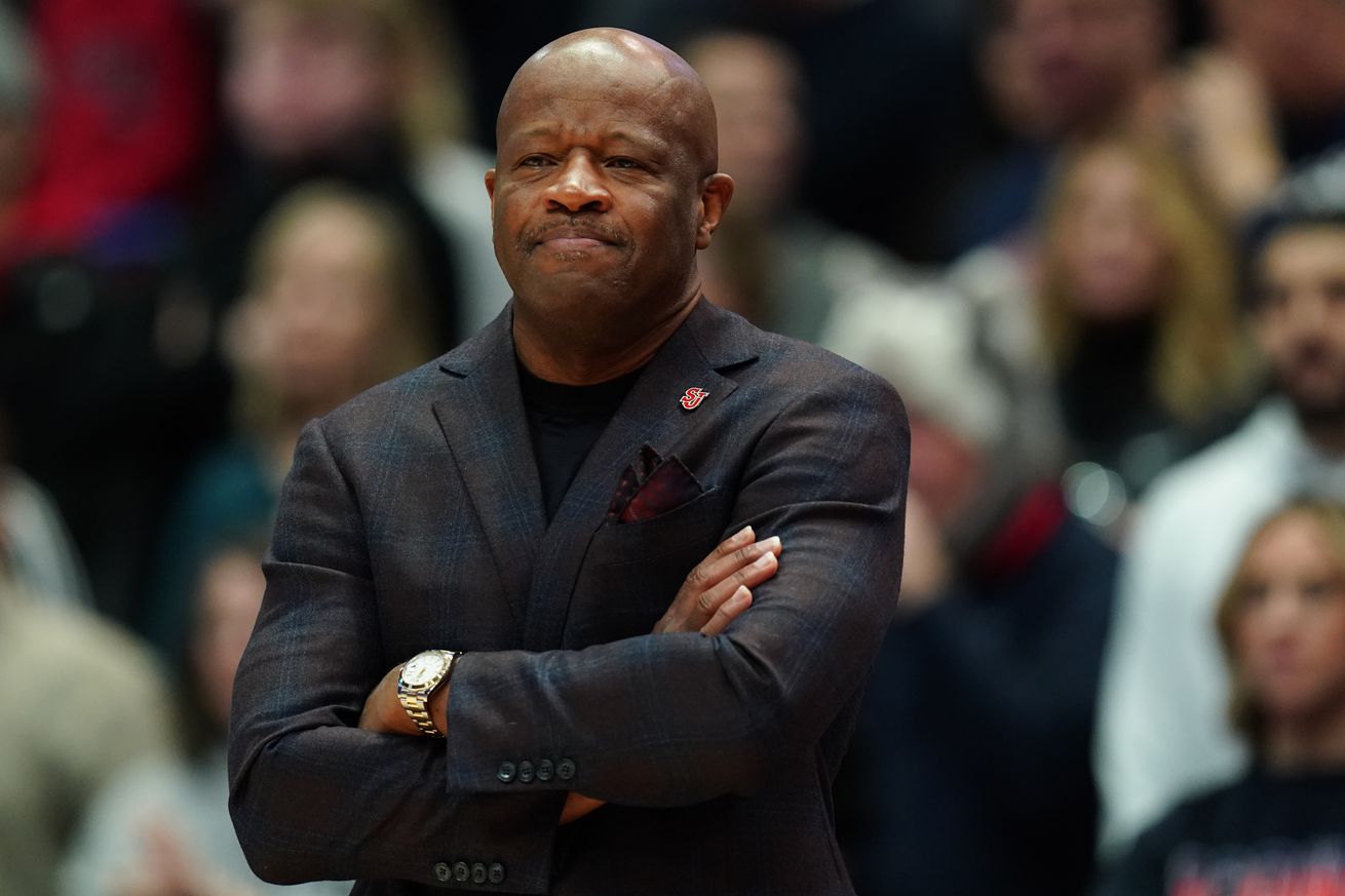 Jan 15, 2023; Hartford, Connecticut, USA; St. John’s Red Storm head coach Mike Anderson watches from the sideline last they take the UConn Huskies at XL Center. Mandatory Credit: David Butler II