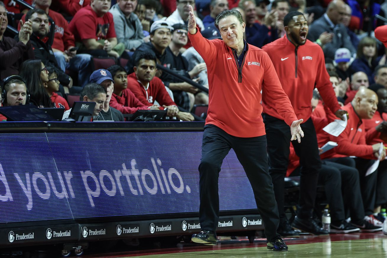 Oct 17, 2024; Piscataway, NJ, USA; St. John’s Red Storm head coach Rick Pitino reacts after a call in the first half against the Rutgers Scarlet Knights at Jersey Mike’s Arena. Mandatory Credit: Wendell Cruz-Imagn Images