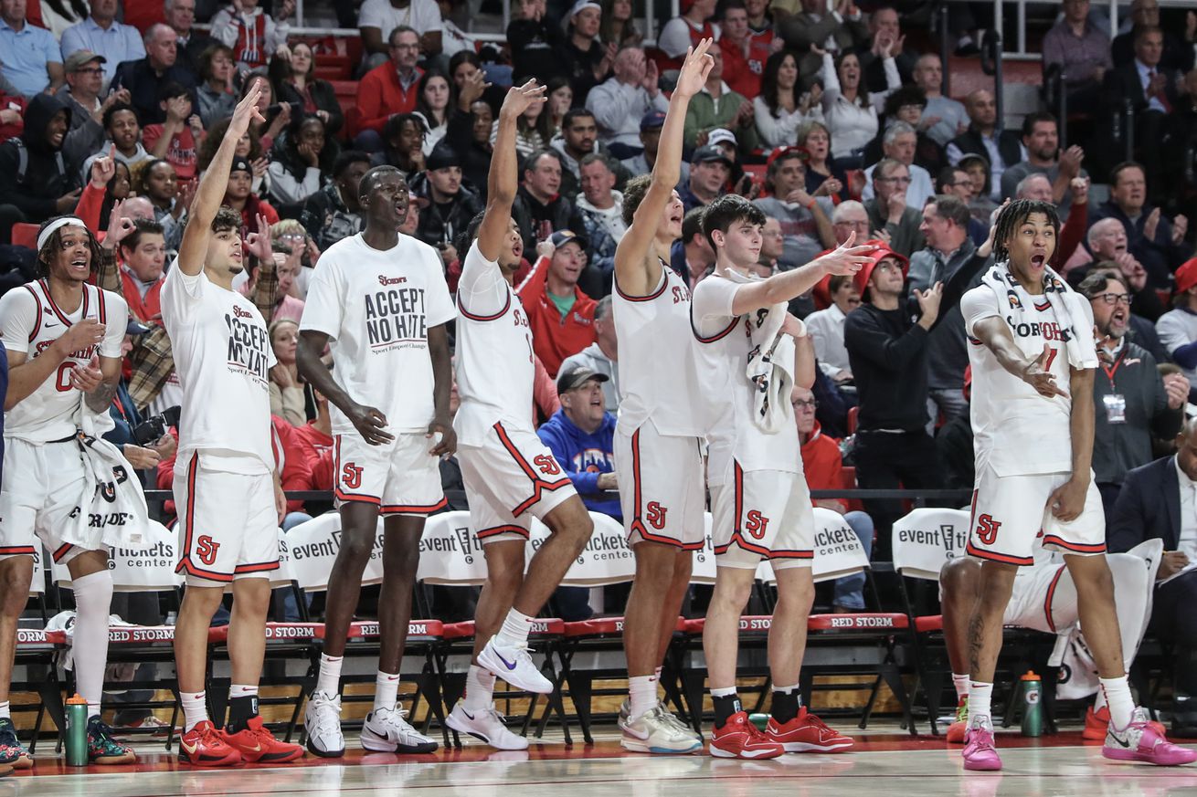 Nov 4, 2024; Queens, New York, USA; The St. John’s Red Storm bench celebrates in the second half against the Fordham Rams at Carnesecca Arena. Mandatory Credit: Wendell Cruz-Imagn Images