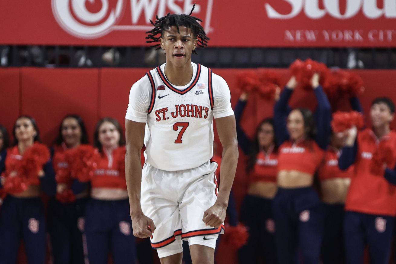 Nov 9, 2024; Queens, New York, USA; St. John’s Red Storm guard Simeon Wilcher (7) reacts after making a three-point shot in the second half against the Quinnipiac Bobcats at Carnesecca Arena. Mandatory Credit: Wendell Cruz-Imagn Images