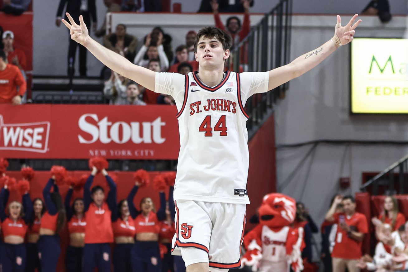 Nov 9, 2024; Queens, New York, USA; St. John’s Red Storm forward Brady Dunlap (44) celebrates after making a three-point shot in the second half against the Quinnipiac Bobcats at Carnesecca Arena. Mandatory Credit: Wendell Cruz-Imagn Images