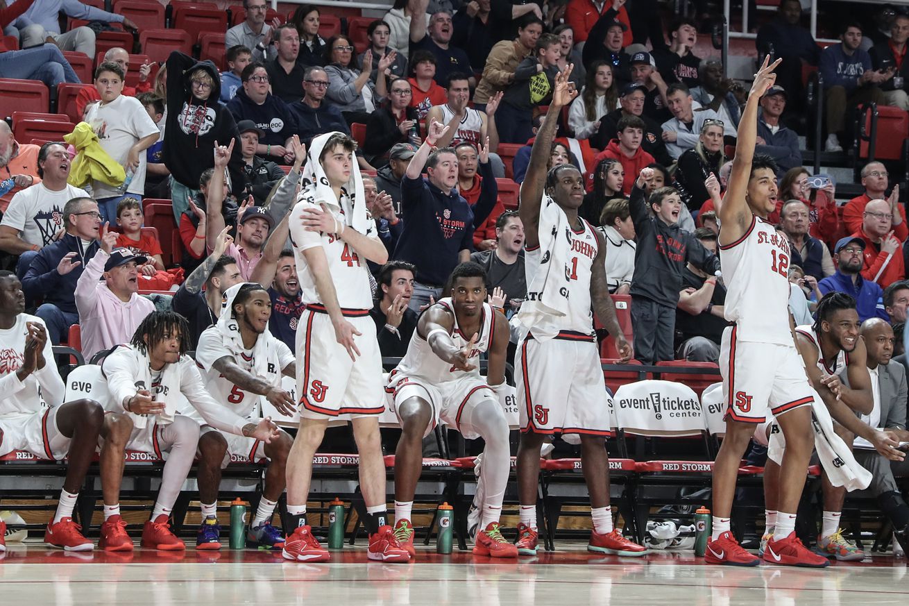 Nov 9, 2024; Queens, New York, USA; The St. John’s Red Storm bench celebrates in the second half against the Quinnipiac Bobcats at Carnesecca Arena. Mandatory Credit: Wendell Cruz-Imagn Images