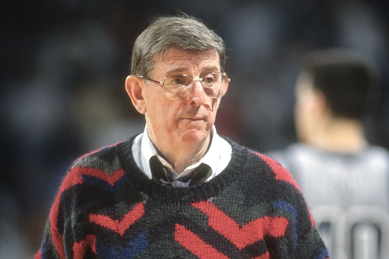  LANDOVER, MD - CIRCA 1991: Head coach Lou Carnesecca of the St. John’s Red Storm looks on against the Georgetown Hoyas during an NCAA College basketball game circa 1991 at the Capital Centre in Landover, Maryland. Carnesecca coached at St. John’s from 1965-70 and 1973-92.