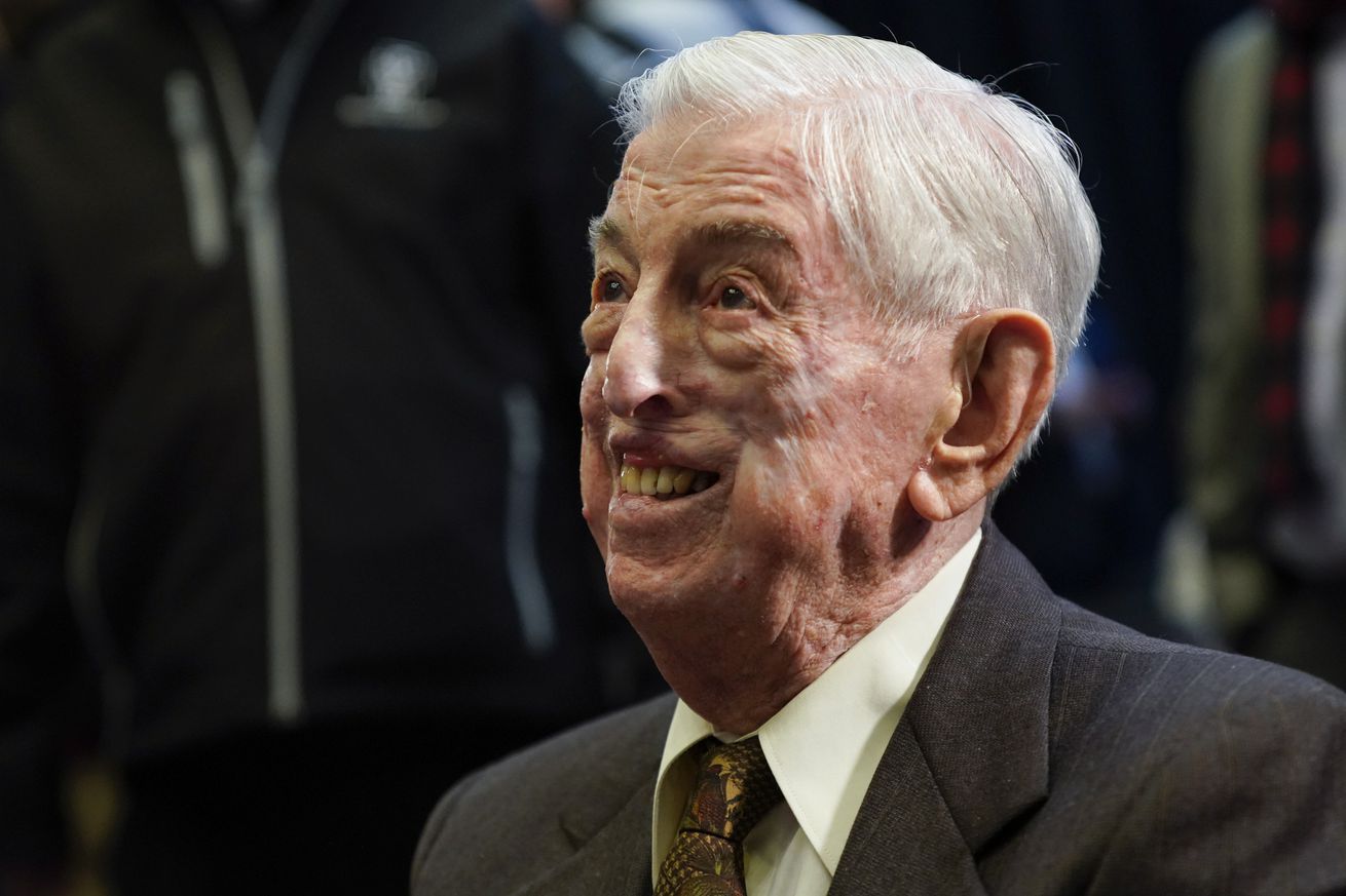 NEW YORK, NY - MARCH 21: Former St. Johns Red Storm head basketball coach Lou Carnesecca at the press conference naming Rick Pitino as the new head coach, at Madison Square Garden on March 21, 2023 in New York City. Carnesecca coached the Red Storm from 1965-70 and again from 1973-1992. He was elected to the Naismith Memorial Basketball Hall of Fame in 1992.