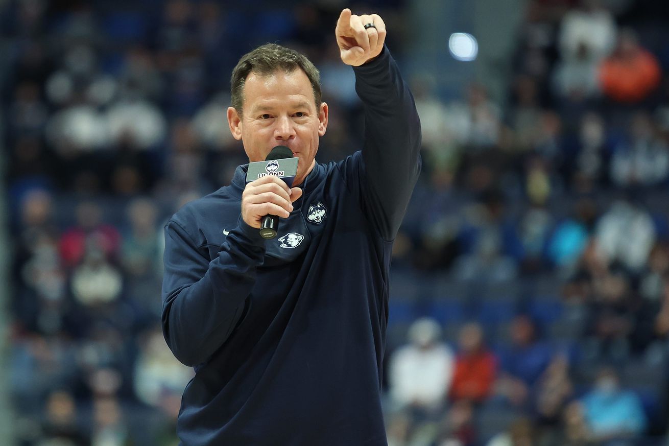 New UConn football coach Jim Mora, Jr. speaks to the crowd at the UConn women’s basketball game at the XL Center on Sunday, November 14, 2021.