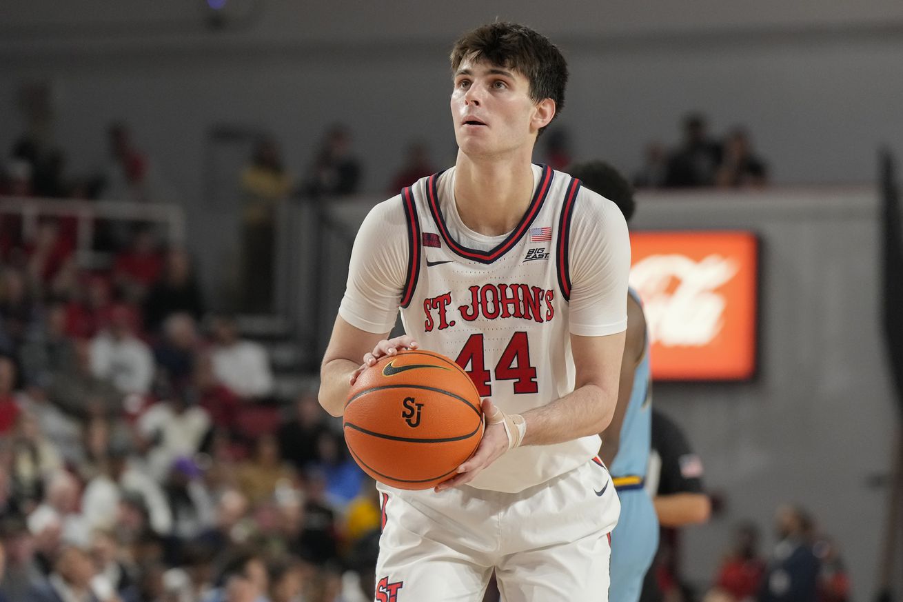 NEW YORK, NY - NOVEMBER 9: Brady Dunlap #44 of the St. John’s Red Storm shoots a free throw during the second half of a college basketball game against the Quinnipiac Bobcats at Carnesecca Arena on November 9, 2024 in the Queens borough of New York City.