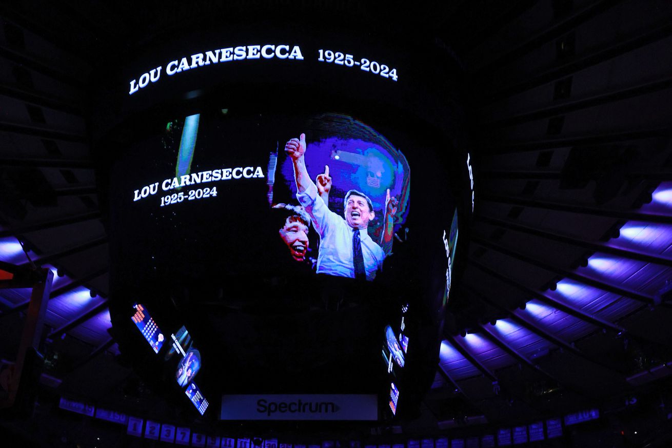 NEW YORK, NY - DECEMBER 1: A moment of silence for Lou Carnesecca before the game between the New Orleans Pelicans and the New York Knicks on December 1, 2024 at Madison Square Garden in New York City, New York. NOTE TO USER: User expressly acknowledges and agrees that, by downloading and or using this photograph, User is consenting to the terms and conditions of the Getty Images License Agreement. Mandatory Copyright Notice: Copyright 2024 NBAE