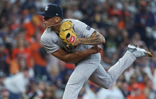 Mar 28, 2024; Houston, Texas, USA; New York Yankees relief pitcher Jonathan Loaisiga (43) during the sixth inning against the Houston Astros at Minute Maid Park. Mandatory Credit: Troy Taormina-Imagn Images