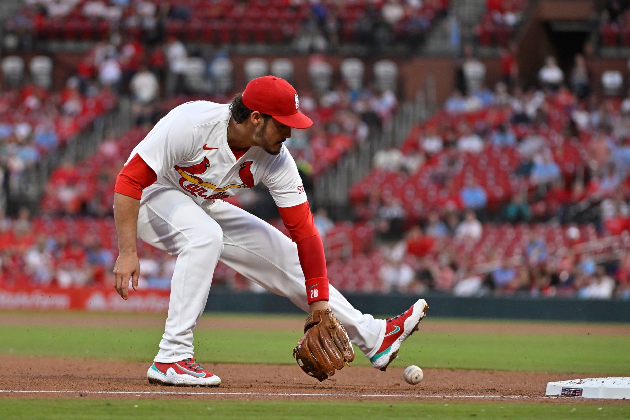 Apr 8, 2024; St. Louis, Missouri, USA; St. Louis Cardinals third baseman Nolan Arenado (28) fields a ground ball against the Philadelphia Phillies during the fourth inning at Busch Stadium. Mandatory Credit: Jeff Curry-Imagn Images, yankees