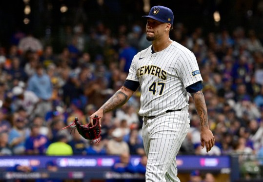 Oct 2, 2024; Milwaukee, Wisconsin, USA; Milwaukee Brewers pitcher Frankie Montas (47) is removed from the game during the fourth inning in game two of the Wildcard round for the 2024 MLB Playoffs against the New York Mets at American Family Field. Mandatory Credit: Benny Sieu-Imagn Images