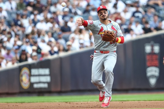 Sep 1, 2024; Bronx, New York, USA;  St. Louis Cardinals third baseman Nolan Arenado (28) throws a runner out at first base in the first inning against the New York Yankees at Yankee Stadium. Mandatory Credit: Wendell Cruz-Imagn Images