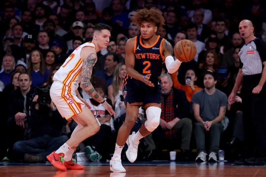 Dec 11, 2024; New York, New York, USA; New York Knicks guard Miles McBride (2) looks to pass the ball against Atlanta Hawks guard Vit Krejci (27) during the second quarter at Madison Square Garden. Mandatory Credit: Brad Penner-Imagn Images