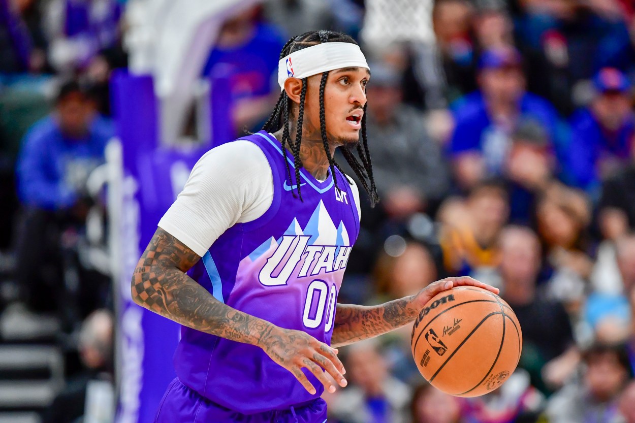 Nov 23, 2024; Salt Lake City, Utah, USA; Utah Jazz guard Jordan Clarkson (00) dribbles the ball downcourt against the New York Knicks during the second half at the Delta Center. Mandatory Credit: Christopher Creveling-Imagn Images