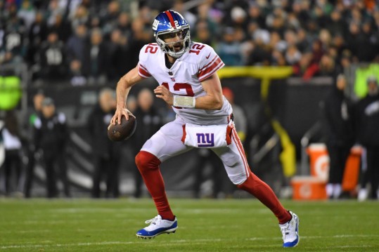 Jan 8, 2023; Philadelphia, Pennsylvania, USA; New York Giants quarterback Davis Webb (12) against the Philadelphia Eagles at Lincoln Financial Field. Mandatory Credit: Eric Hartline-Imagn Images