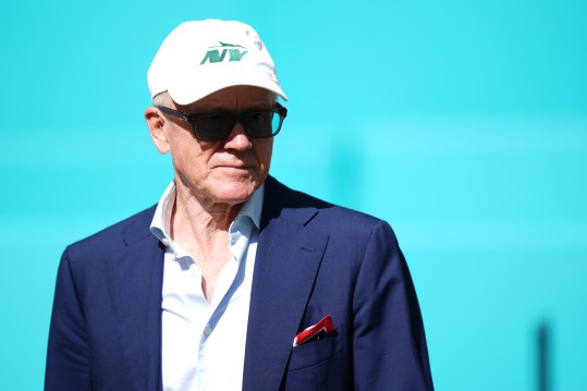 Dec 8, 2024; Miami Gardens, Florida, USA; New York Jets owner Woody Johnson walks onto the field prior to the game between the Miami Dolphins and the New York Jets at Hard Rock Stadium. Mandatory Credit: Jasen Vinlove-Imagn Images