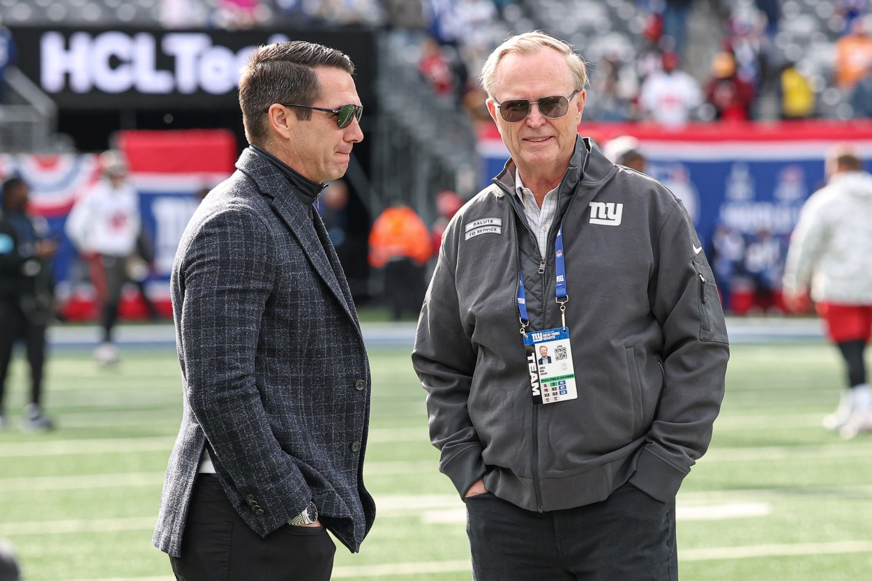 Nov 24, 2024; East Rutherford, New Jersey, USA; New York Giants owner John Mara, left, and New York Giants general manager Joe Schoen on the field before the game between the Giants and the Tampa Bay Buccaneers at MetLife Stadium. Mandatory Credit: Vincent Carchietta-Imagn Images