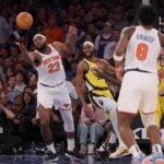 May 6, 2024; New York, New York, USA; New York Knicks center Mitchell Robinson (23) grabs a rebound against Indiana Pacers forward Isaiah Jackson (22) during the fourth quarter of game one of the second round of the 2024 NBA playoffs at Madison Square Garden. Mandatory Credit: Brad Penner-USA TODAY Sports