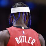 Dec 8, 2024; Miami, Florida, USA; Miami Heat forward Jimmy Butler's (22) looks on before the game against the Cleveland Cavaliers during the first half at Kaseya Center. Mandatory Credit: Rhona Wise-Imagn Images