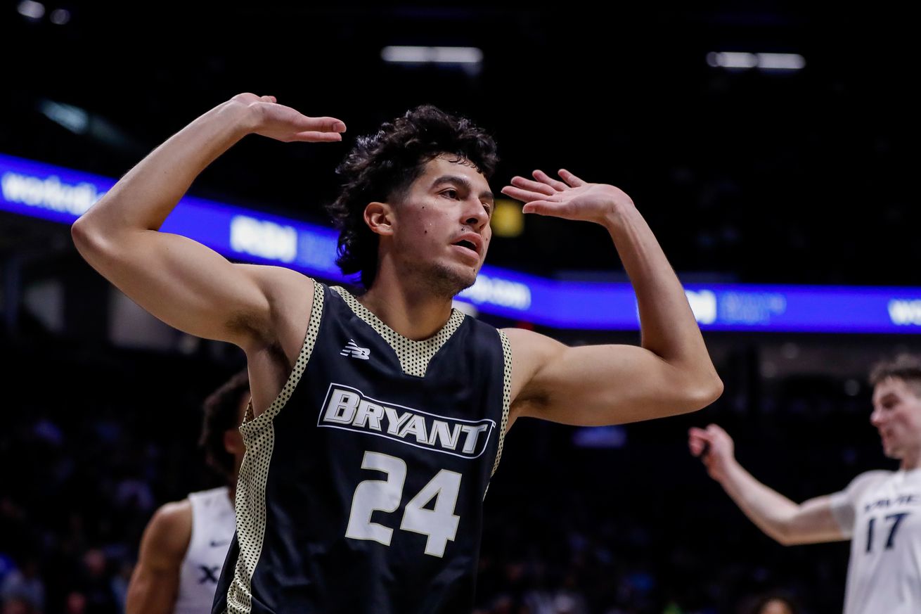 Nov 24, 2023; Cincinnati, Ohio, USA; Bryant Bulldogs guard Rafael Pinzon (24) reacts after a play against the Xavier Musketeers in the second half at Cintas Center. Mandatory Credit: Katie Stratman-Imagn Images