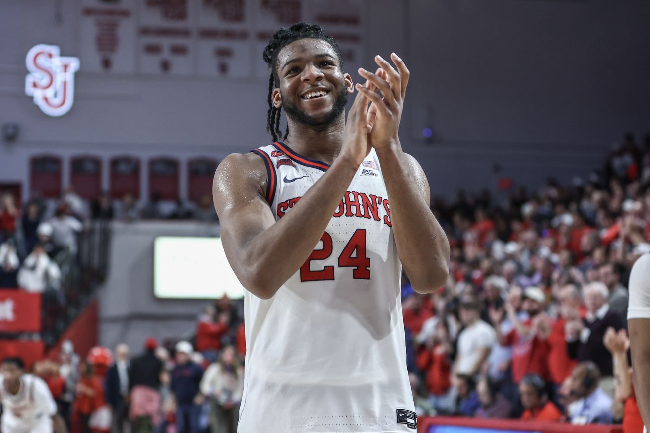 Dec 7, 2024; Queens, New York, USA; St. John’s Red Storm forward Zuby Ejiofor (24) celebrates after defeating the Kansas State Wildcats 88-71 at Carnesecca Arena. Mandatory Credit: Wendell Cruz-Imagn Images