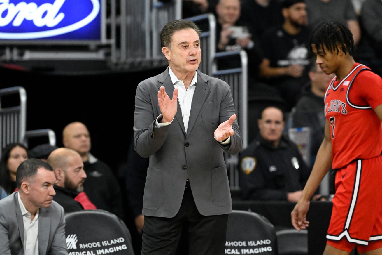 Dec 20, 2024; Providence, Rhode Island, USA; St. John’s Red Storm head coach Rick Pitino reacts to game action during the first half against the Providence Friars at Amica Mutual Pavilion. Mandatory Credit: Eric Canha-Imagn Images