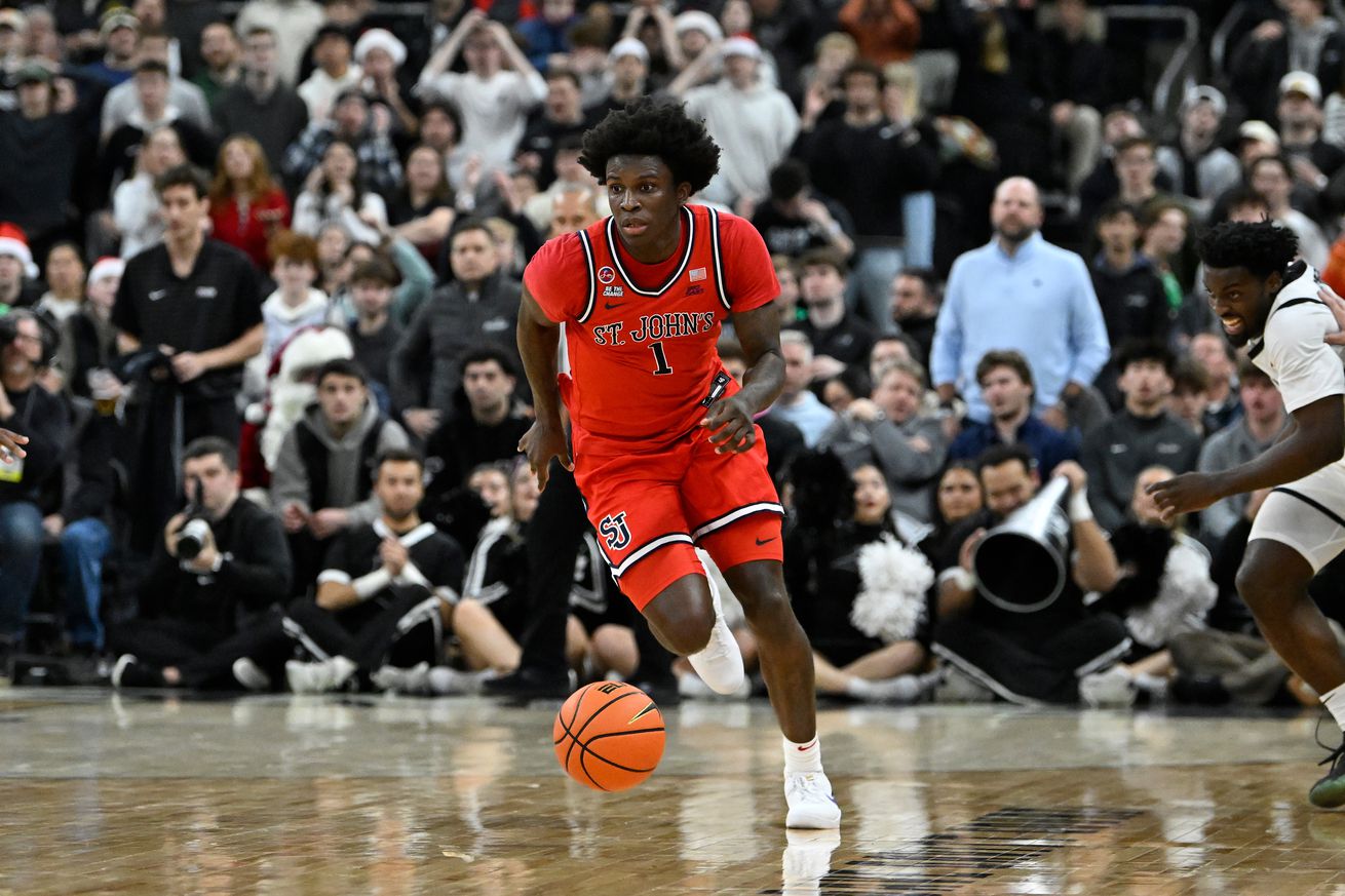 Dec 20, 2024; Providence, Rhode Island, USA; St. John’s Red Storm guard Kadary Richmond (1) dribbles the ball against the Providence Friars during the second half at Amica Mutual Pavilion. Mandatory Credit: Eric Canha-Imagn Images