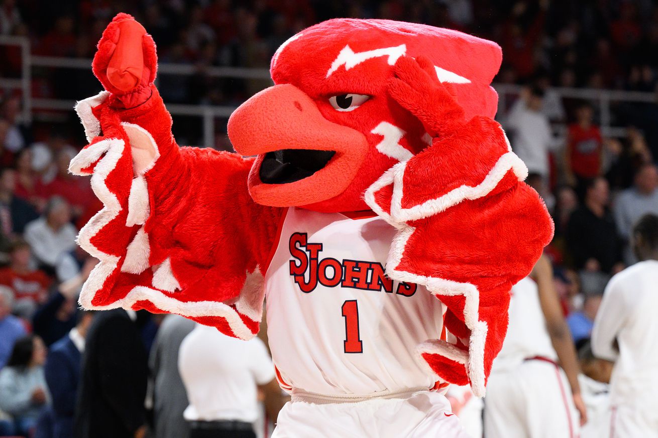 QUEENS, NY - JANUARY 02: St. John’s Red Storm mascot Johnny Thunderbird on the court during the men’s college basketball game between the Butler Bulldogs and St. John’s Red Storm on January 2, 2024, at Carnesecca Arena in Queens, NY.