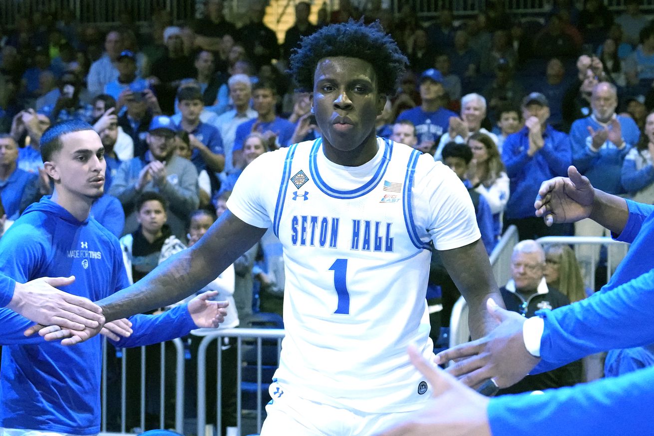  INDIANAPOLIS, INDIANA - APRIL 02: Kadary Richmond #1 of the Seton Hall Pirates is introduced before the NIT Semifinals college basketball game against the Georgia Bulldogs at Hinkle Fieldhouse on April 2, 2024 in Indianapolis, Indiana