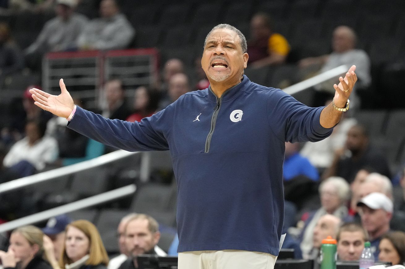 WASHINGTON, DC - JANUARY 28: Head coach Ed Cooley of the Georgetown Hoyas reacts to a call in the first half during a college basketball game against the St. John’s Red Storm at the Capital One Arena on January 28, 2025 in Washington, DC.