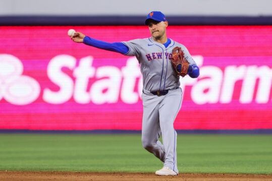 Jul 21, 2024; Miami, Florida, USA; New York Mets second baseman Jose Iglesias (Padres) (11) throws to first base to retire Miami Marlins second baseman Xavier Edwards (not pictured) during the sixth inning at loanDepot Park. Mandatory Credit: Sam Navarro-USA TODAY Sports