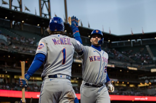 Apr 20, 2023; San Francisco, California, USA;  New York Mets first baseman Pete Alonso (20) is congratulated by right fielder Jeff McNeil (1) after hitting a two-run home run against the San Francisco Giants during the fourth inning at Oracle Park. Mandatory Credit: John Hefti-Imagn Images