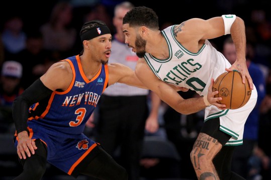 Feb 24, 2024; New York, New York, USA; Boston Celtics forward Jayson Tatum (0) controls the ball against New York Knicks guard Josh Hart (3) during the third quarter at Madison Square Garden. Mandatory Credit: Brad Penner-Imagn Images