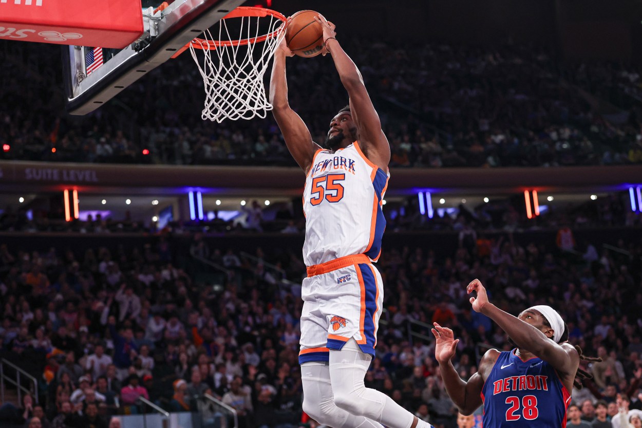 Dec 7, 2024; New York, New York, USA; New York Knicks center Ariel Hukporti (55) dunks during the second half against the Detroit Pistons at Madison Square Garden. Mandatory Credit: Vincent Carchietta-Imagn Images