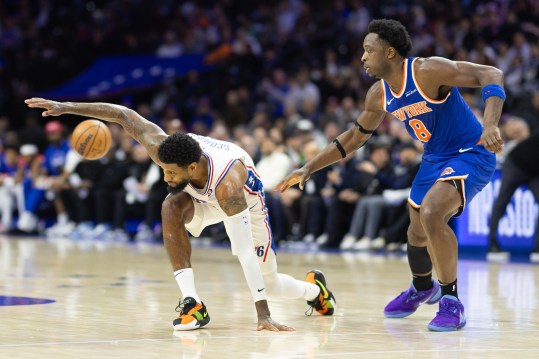 Jan 15, 2025; Philadelphia, Pennsylvania, USA; Philadelphia 76ers forward Paul George (8) looses control of the ball in front of New York Knicks forward OG Anunoby (8) during the third quarter at Wells Fargo Center. Mandatory Credit: Bill Streicher-Imagn Images