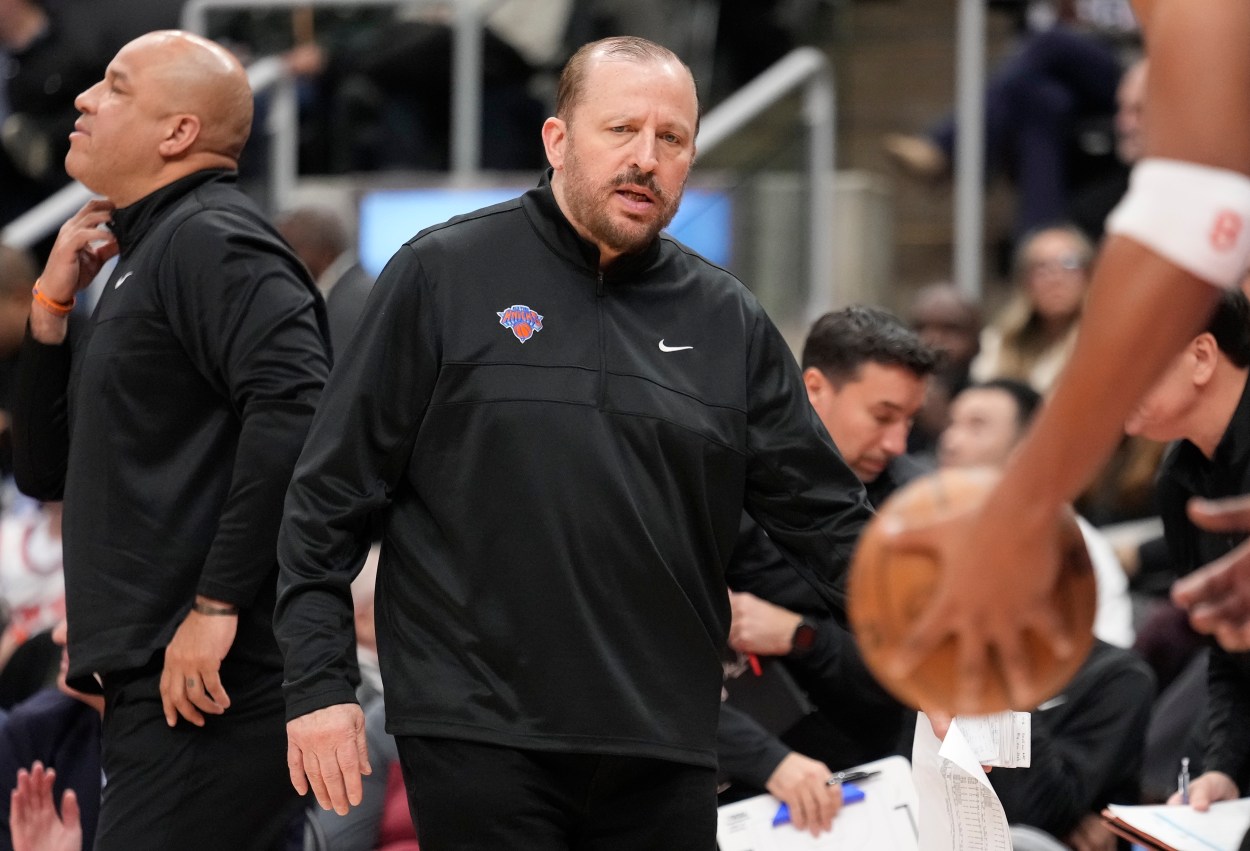 Dec 9, 2024; Toronto, Ontario, CAN; New York Knicks head coach Tom Thibodeau watches during the second half against the Toronto Raptors at Scotiabank Arena. Mandatory Credit: John E. Sokolowski-Imagn Images