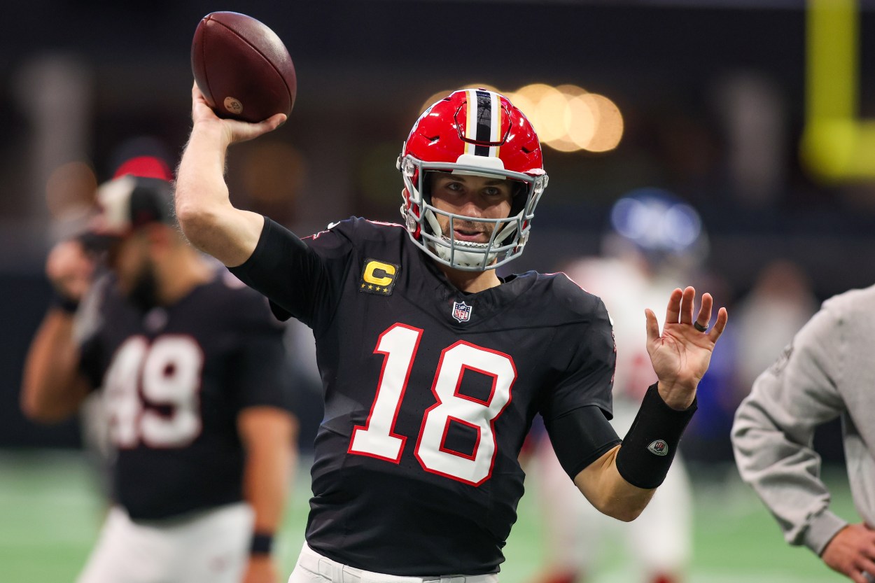 Dec 22, 2024; Atlanta, Georgia, USA; Atlanta Falcons quarterback Kirk Cousins (18) prepares for a game against the New York Giants at Mercedes-Benz Stadium. Mandatory Credit: Brett Davis-Imagn Images