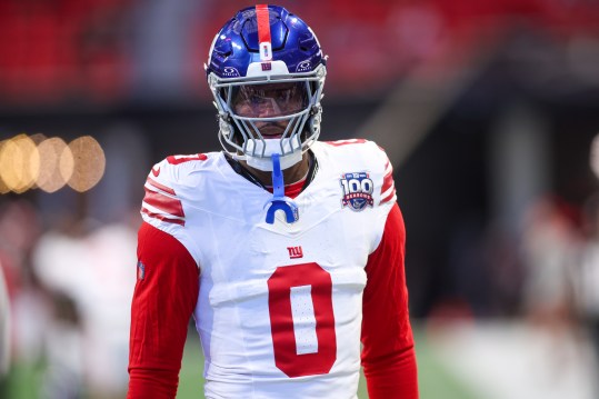 Dec 22, 2024; Atlanta, Georgia, USA; New York Giants linebacker Brian Burns (0) on the field before a game against the Atlanta Falcons at Mercedes-Benz Stadium. Mandatory Credit: Brett Davis-Imagn Images