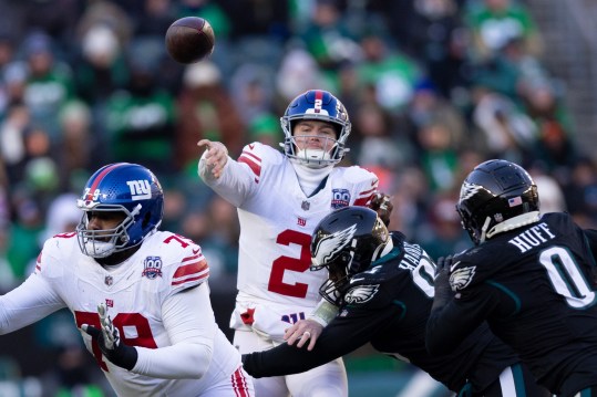 Jan 5, 2025; Philadelphia, Pennsylvania, USA; New York Giants quarterback Drew Lock (2) passes the ball against the Philadelphia Eagles fourth quarter at Lincoln Financial Field. Mandatory Credit: Bill Streicher-Imagn Images