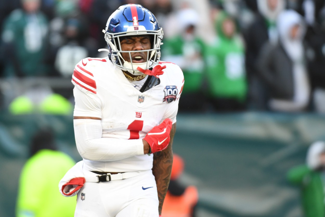 Jan 5, 2025; Philadelphia, Pennsylvania, USA; New York Giants wide receiver Malik Nabers (1) celebrates his 45-yard touchdown catch against the Philadelphia Eagles during the fourth quarter at Lincoln Financial Field. Mandatory Credit: Eric Hartline-Imagn Images